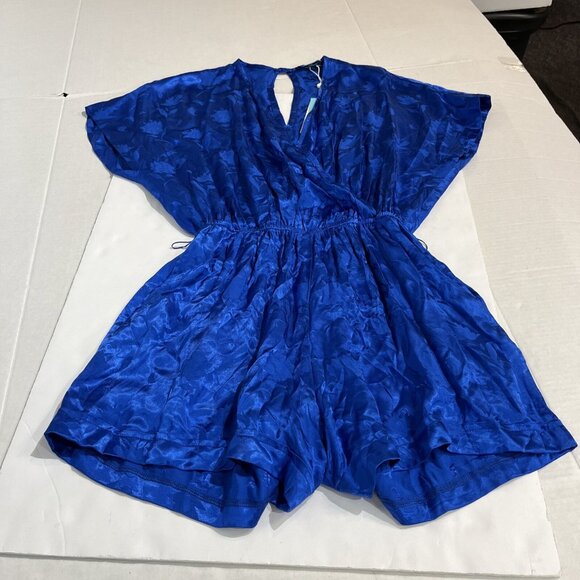 Shore Romper Womens S Blue Satin Floral Faux Wrap Flowy Tropical Vacation - Picture 3 of 12